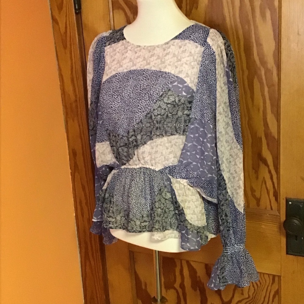BB Dakota Patchwork Peplum Blouse Medium Boho Cottagecore Sheer Sleeve Ruffle - Picture 13 of 15